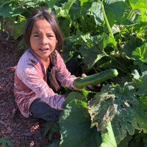 Student with zucchini in garden